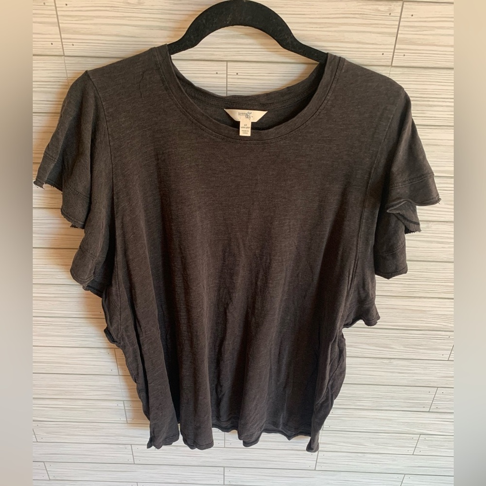 Terra & sky mineral wash blouse with ruffle sleeve